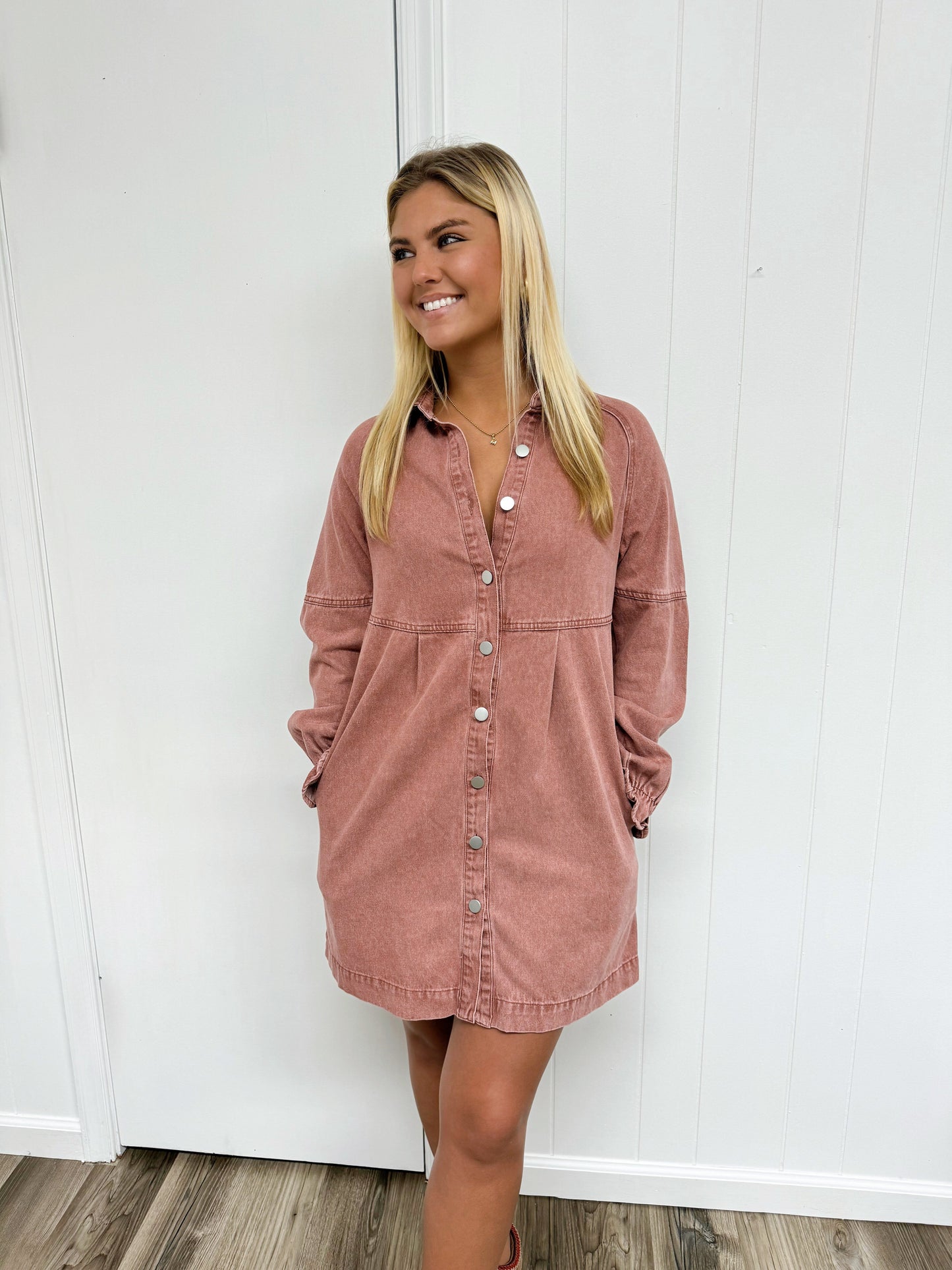 Trendy Denim Button Dress - Red