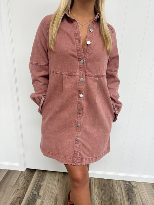 Trendy Denim Button Dress - Red