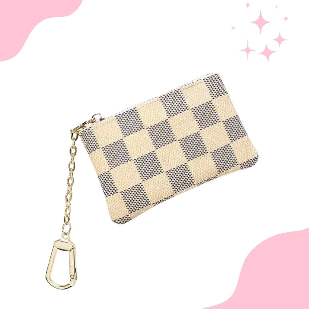 Checkered Keychain Wallet - Cream