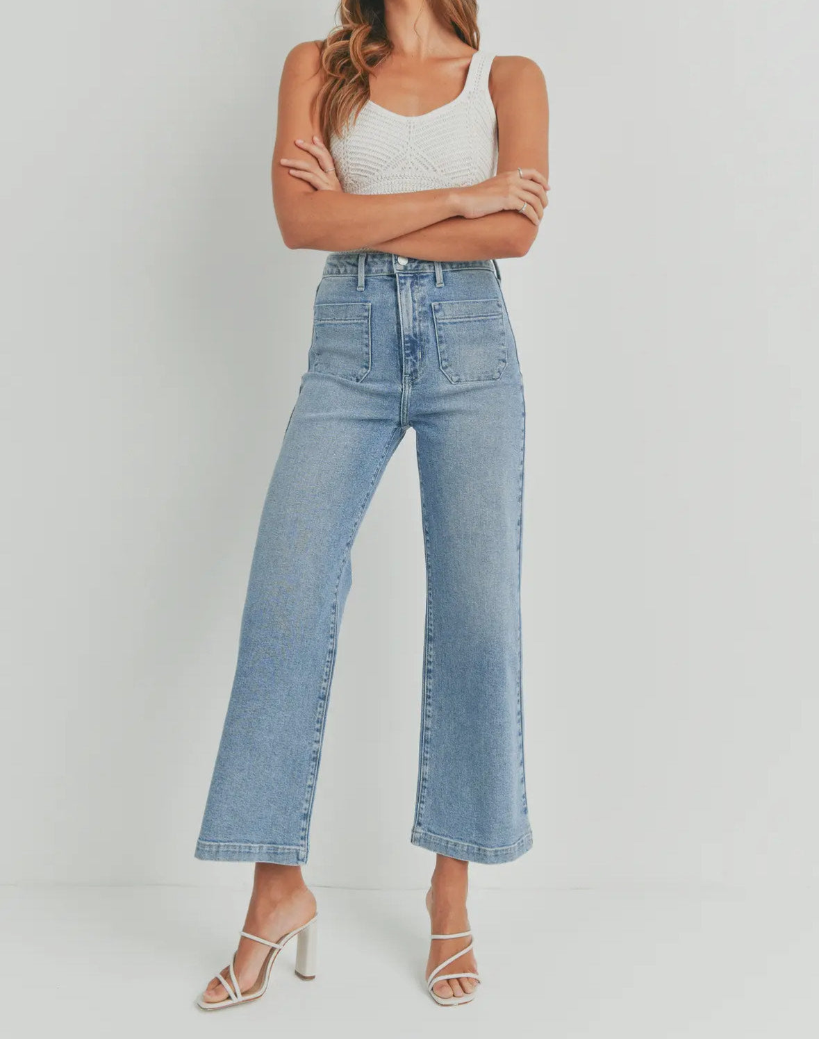 Stretchy Patch Pocket Wide Leg Denim