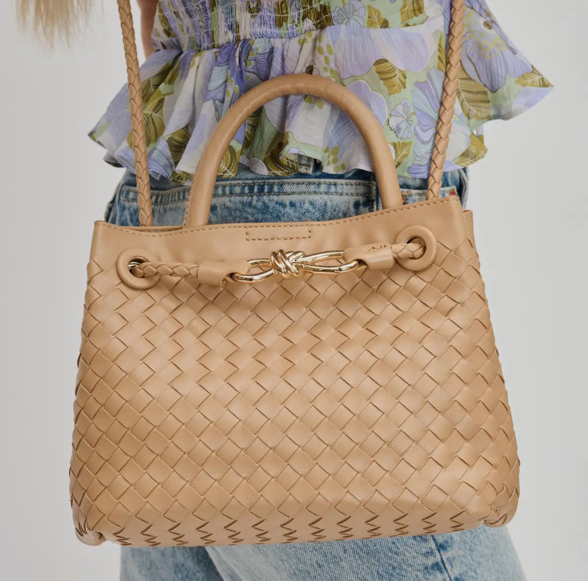 Gold Knot Woven Crossbody - Tan