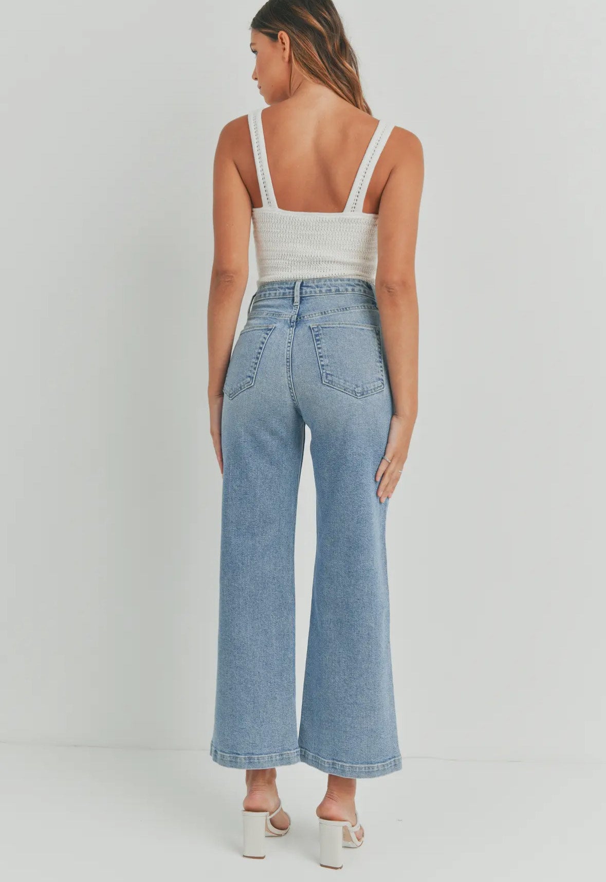 Stretchy Patch Pocket Wide Leg Denim