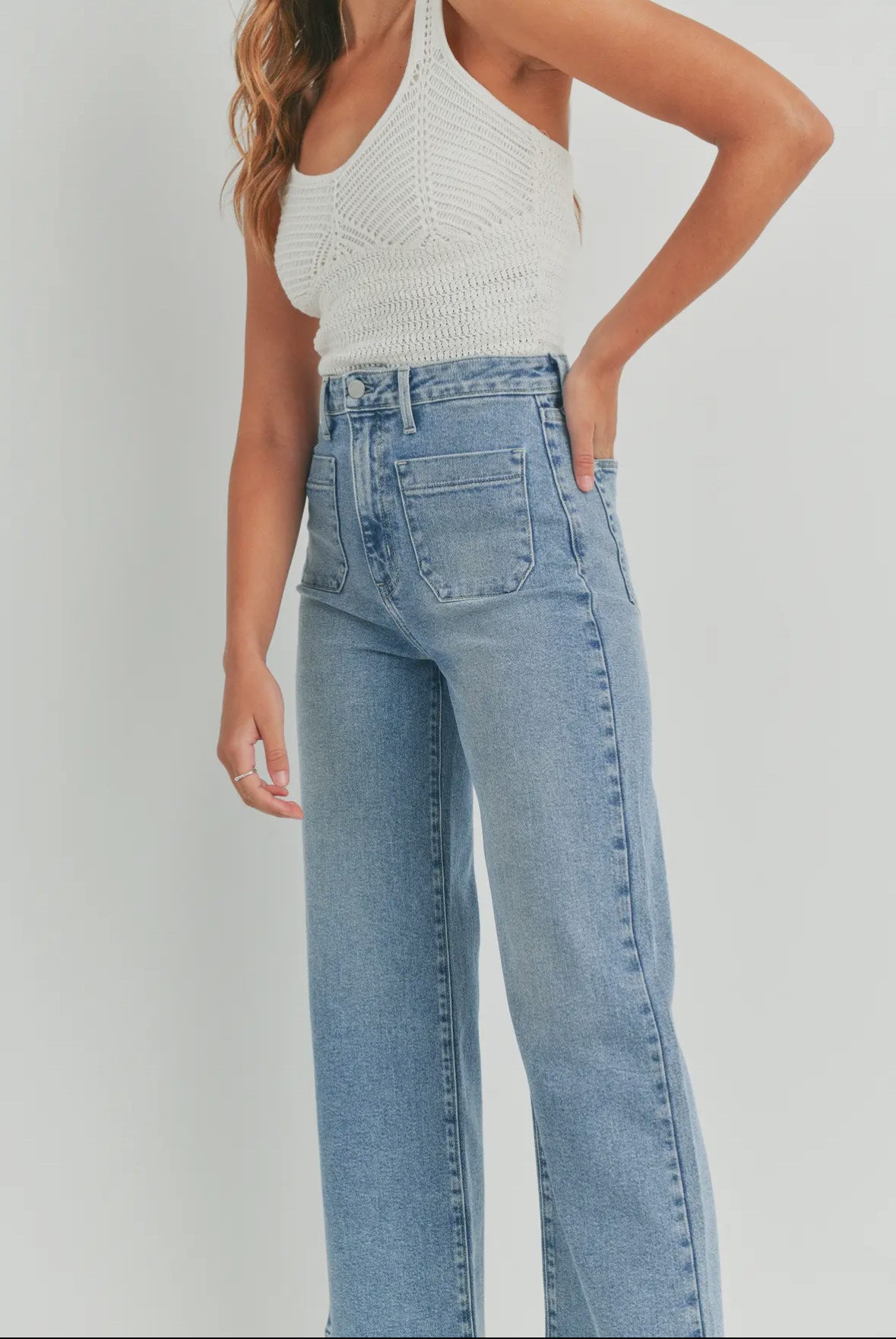 Stretchy Patch Pocket Wide Leg Denim