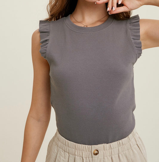 Ribbed Knit Tank W/ Ruffle Detail