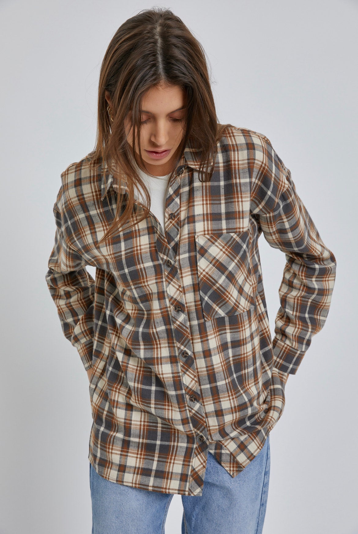 Oversized Boyfriend Flannel Shirt - Brown Plaid