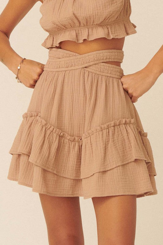 Criss-Cross Smocked Elastic Waist Mini Skirt