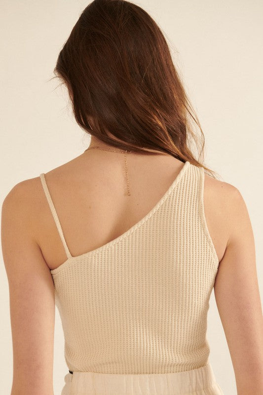 Waffle Knit One-Shoulder Tank Top