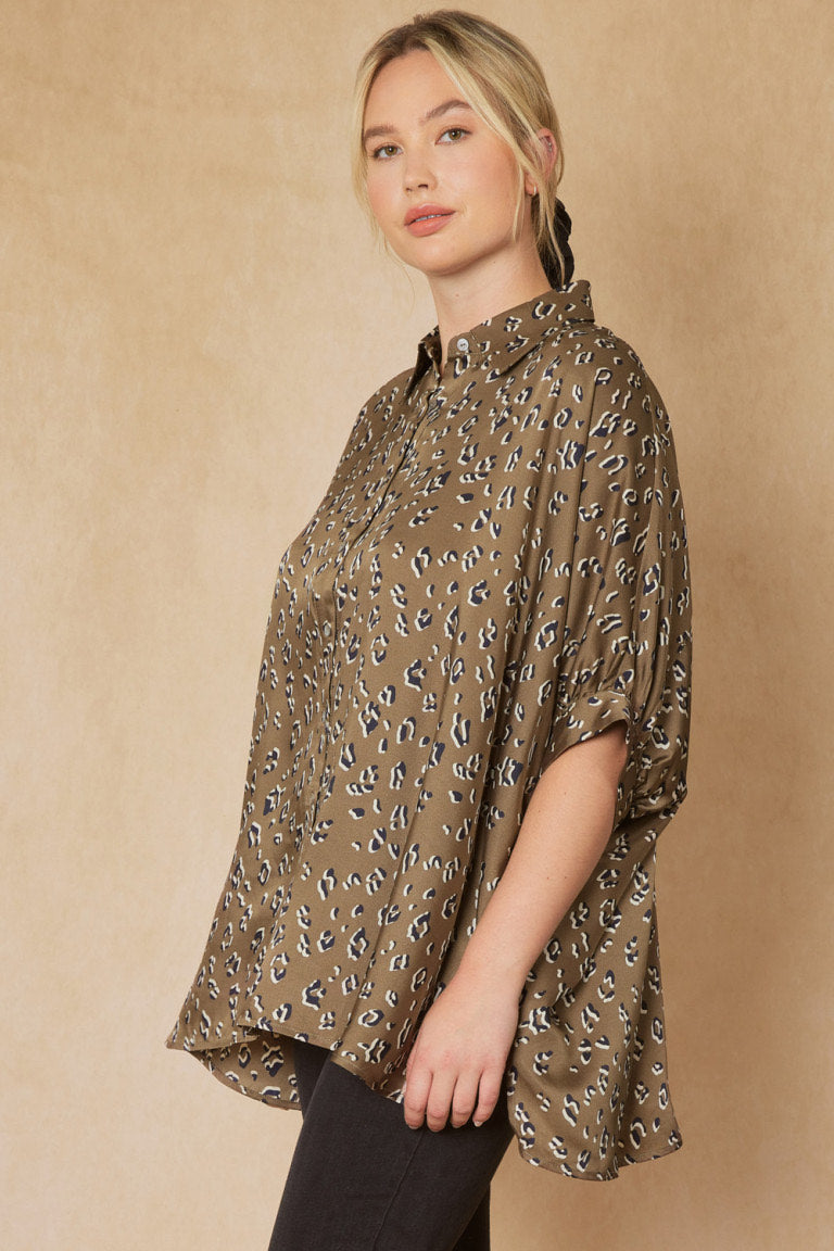 Satin Animal Print Button Up Top - CURVY