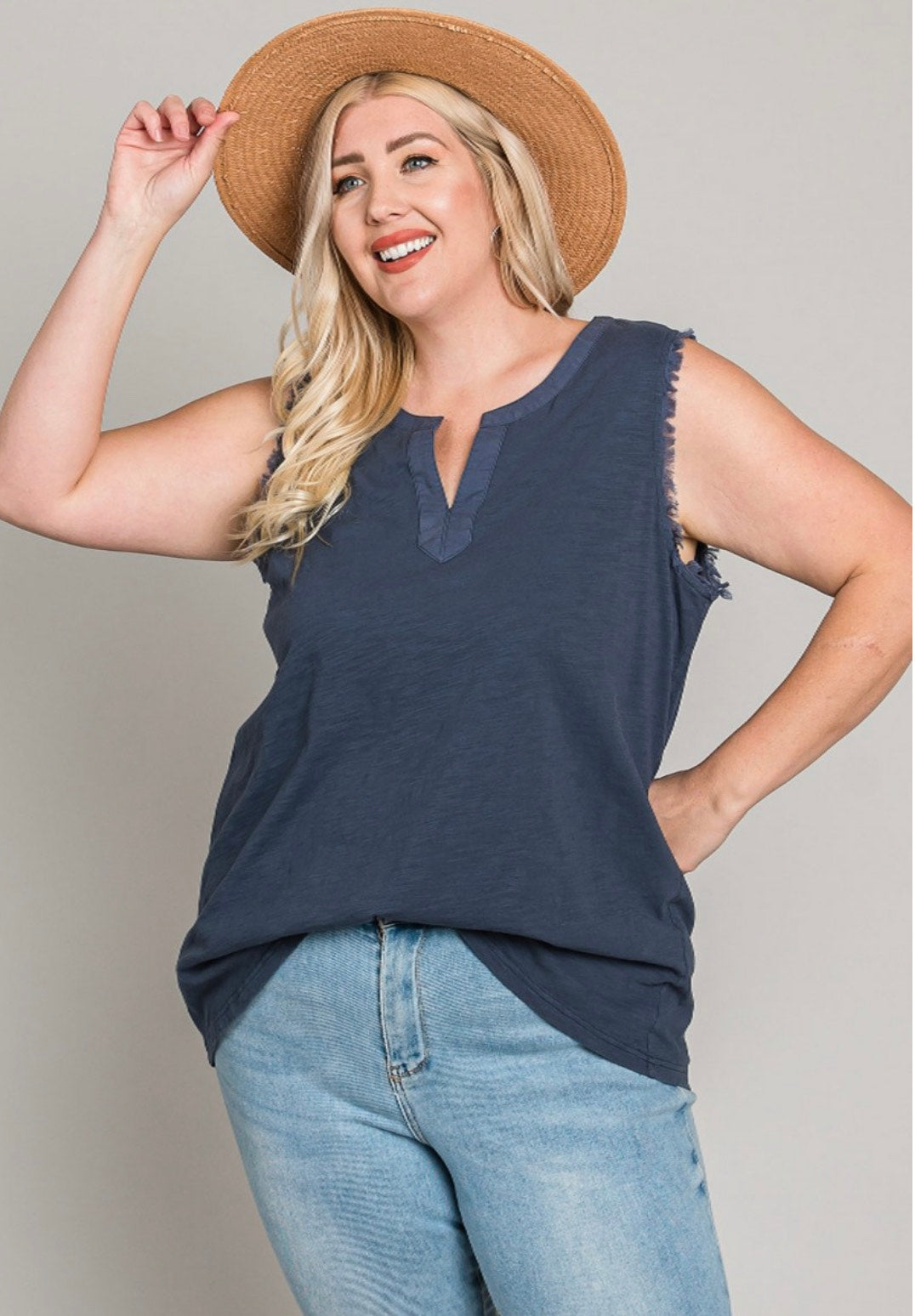 Washed Fray Detail Armhole Top - CURVY