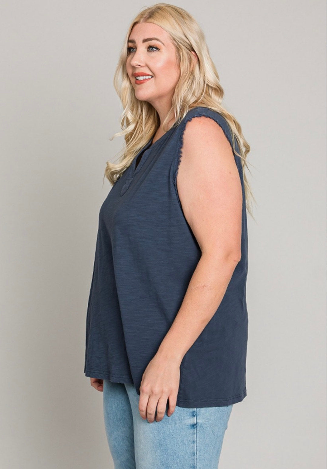 Washed Fray Detail Armhole Top - CURVY