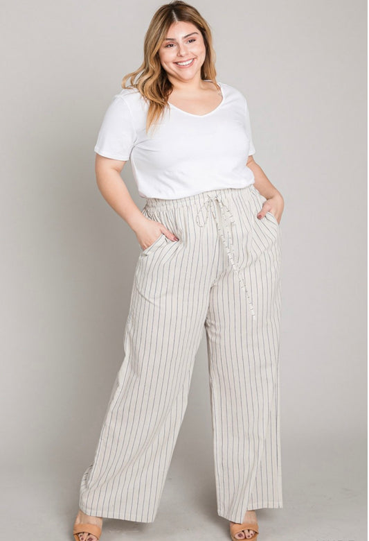 Women's Cotton Striped Wide Leg Pants - CURVY